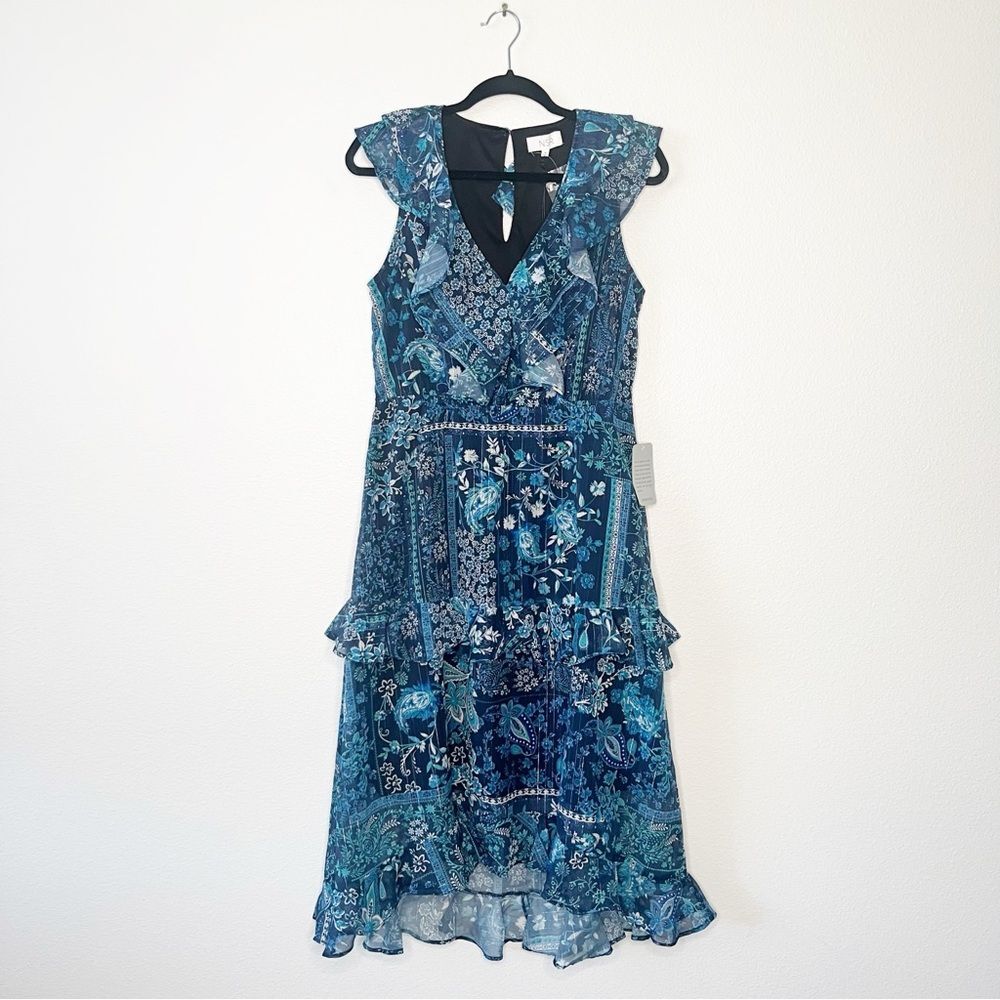 NSR Nordstrom Tiered Ruffle Midi cocktail Party Blue Dress Size Medium NEW